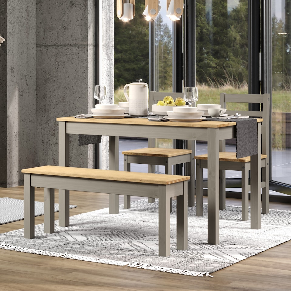 image 1 of Corona Grey Rectangular Dining Table with 2 Grey Pine Chairs & 1 Grey Pine Double Bench - Contemporary Dining Set | Grey | Antique Waxed Pine | One Size | 1