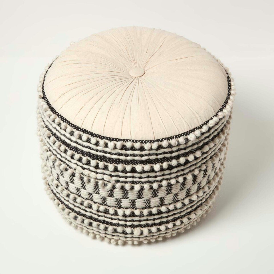 image 1 of Homescapes Priya Cream & Black Macrame Boho Pouffe