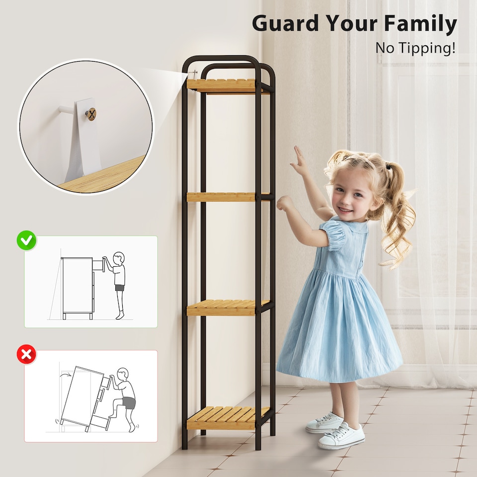 image 1 of HOMCOM 4-Tier Bamboo Bathroom Storage Shelf, Freestanding Narrow Shelving Unit with Slatted Shelves for Kitchen Bathroom Living Room, 41.5 x 21.5 x 106 cm, Natural and Black | Black