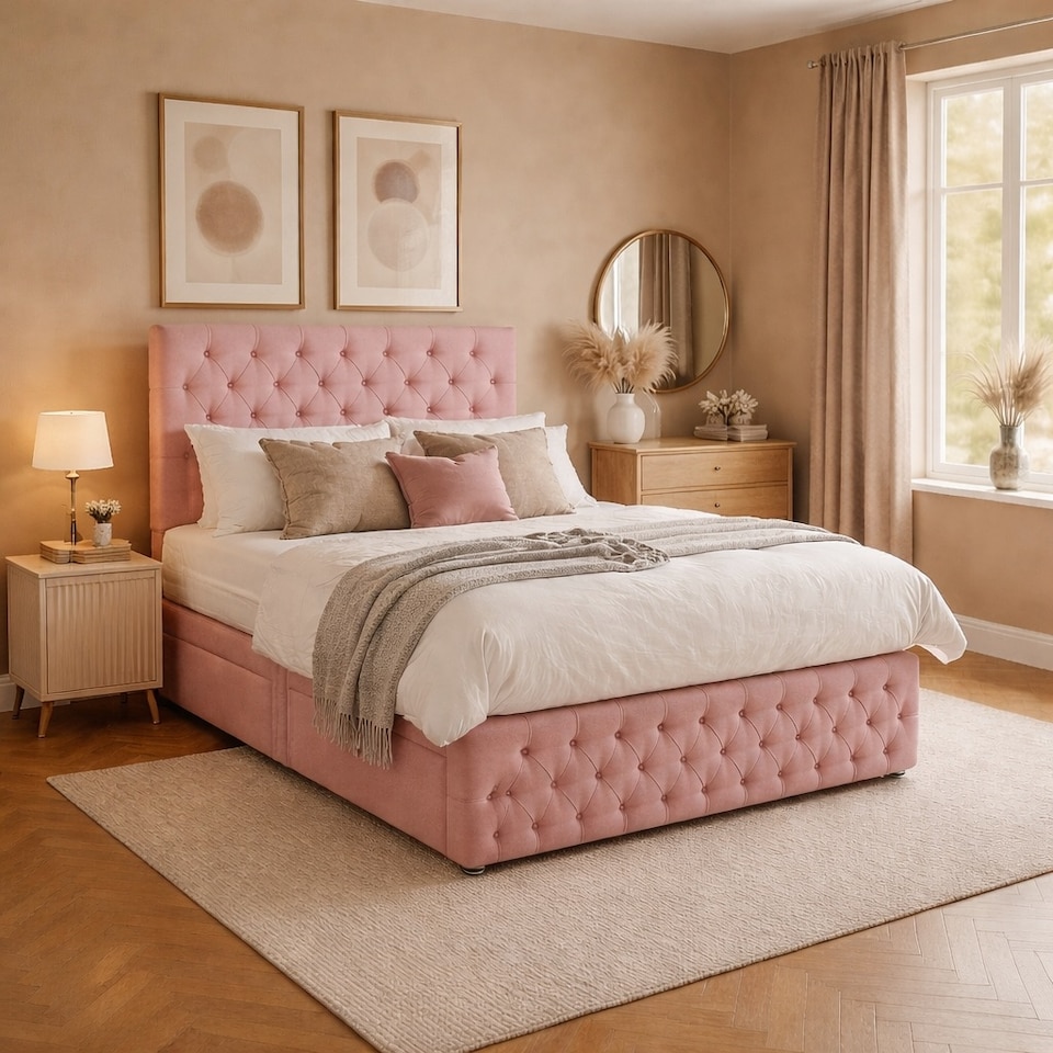 image 1 of 5FT Kingsize Soft Pink Plush Velvet Divan Bed With Headboard & Footboard and Memory Sprung Mattress 4 Drawers