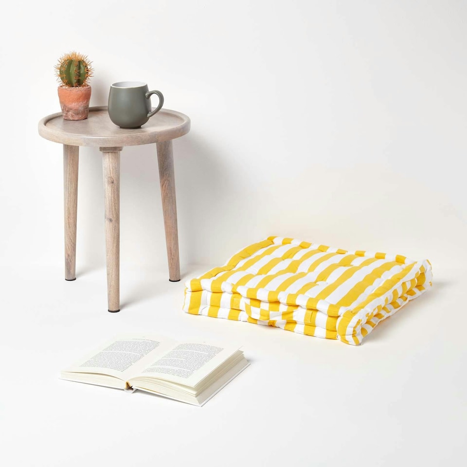 image 1 of Homescapes Cotton Yellow Thick Stripe Floor Cushion - 40 x 40 cm | Yellow | 40 x 40 cm