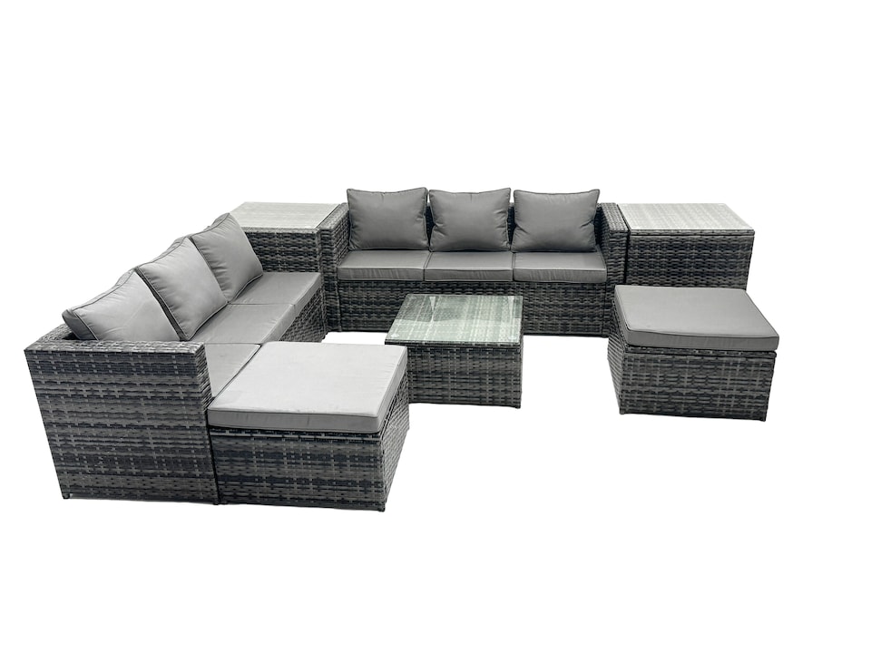 image 1 of Fimous Outdoor Rattan Garden Furniture Set 8 Seater Patio Lounge Sofa Set with Square Coffee Table 2 Side Tables 2 Big Footstools Dark Grey Mixed