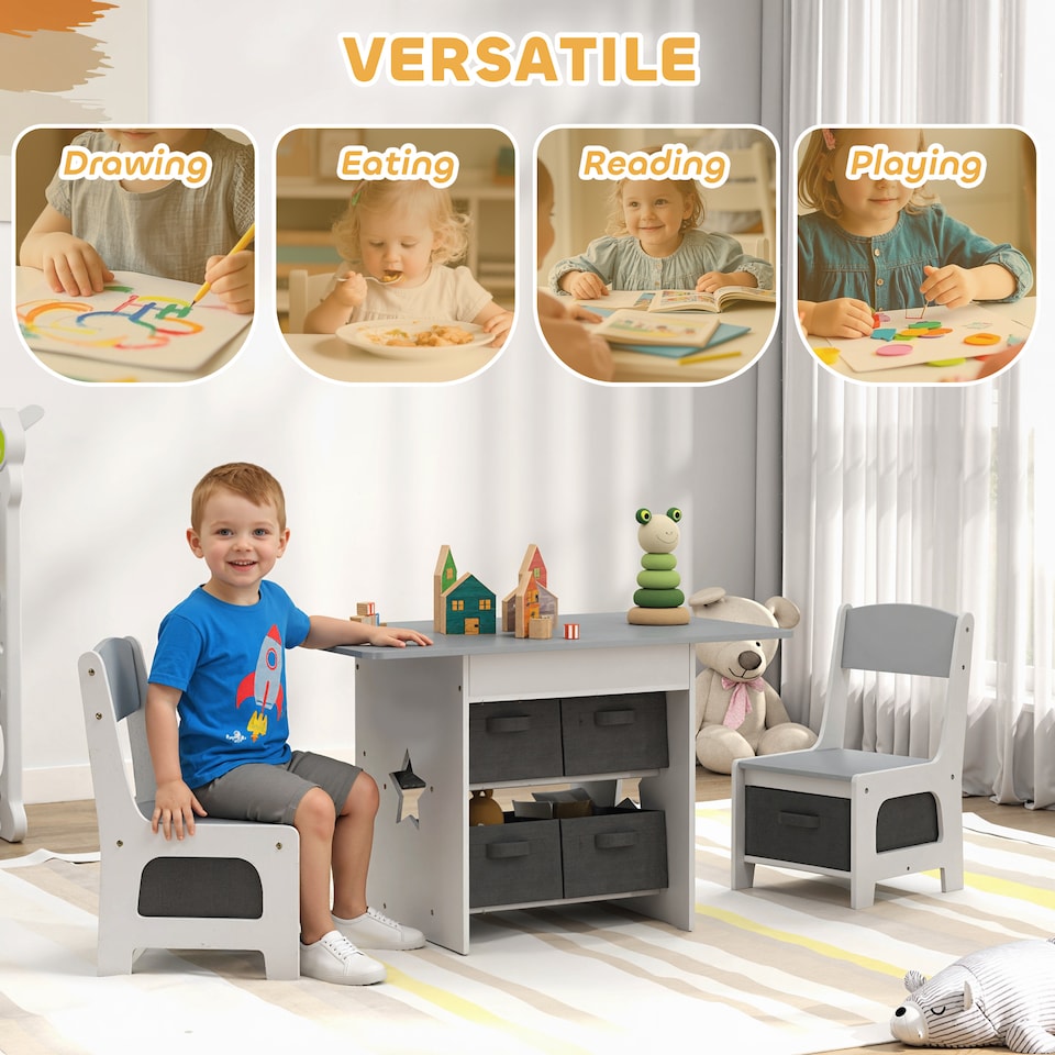 image 1 of AIYAPLAY Kids Table and Chair Set, Toddler Table and 2 Chairs Set with 6 Removable Drawers, for Boys Girls Ages 3-8, for Classroom, Daycares, Homes, Learning, Drawing, Dining, Light Grey