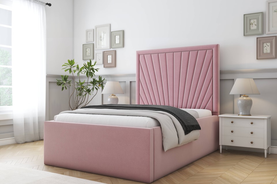 image 1 of Sloomy Somerset Pink Plush Bed Frame With Mattress With 50" Upholstered Headboard 4'6 Double