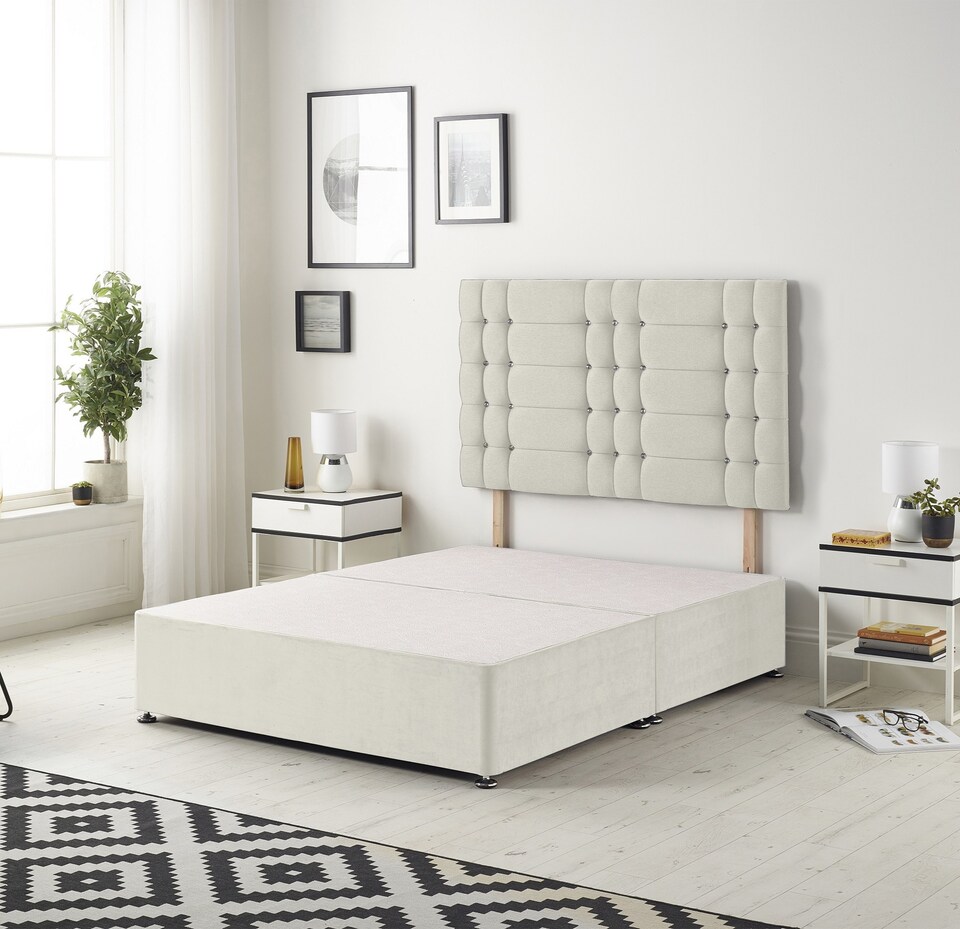 image 1 of Astoria Divan Bed Base with 30 Inch Diamonte Button Headboard Plush Velvet | Cream | Ivory | Single