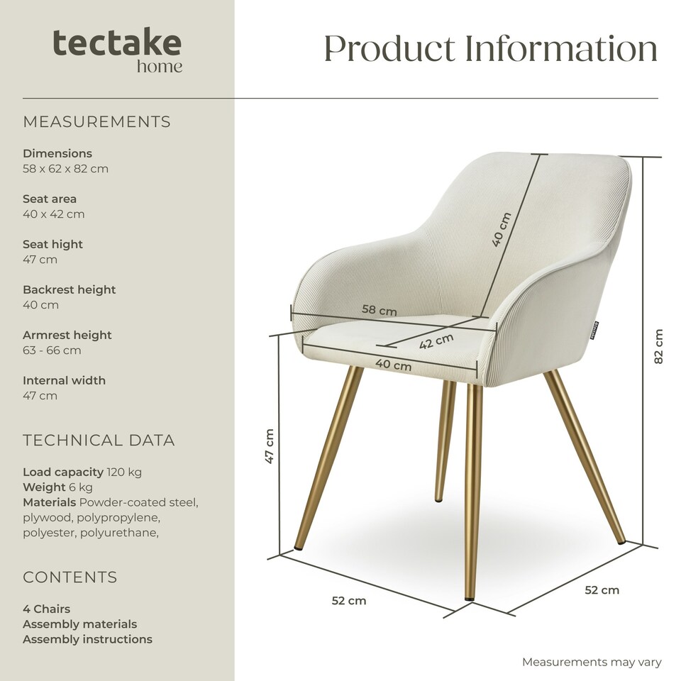 image 1 of Dining Chair Marilyn - corduroy look, upholstered, armchair, continuous backrest - Set of 4 Cream | Cream/Gold