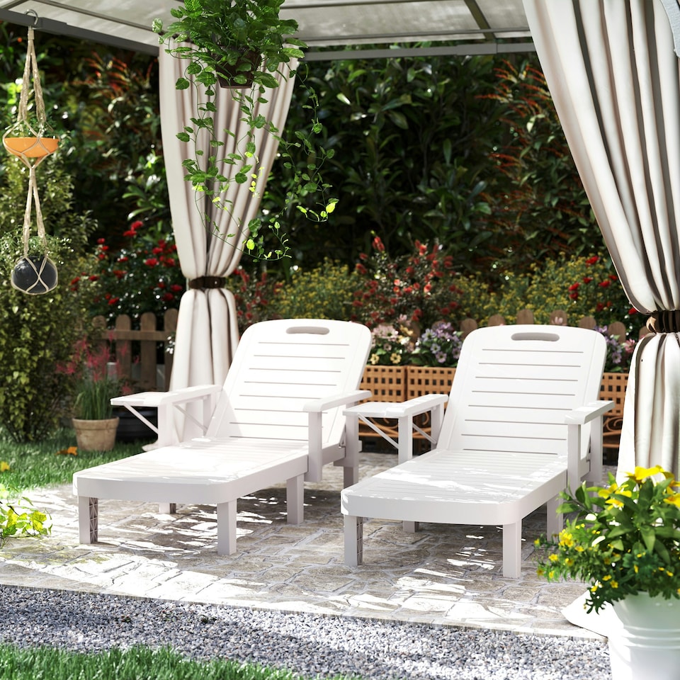 image 1 of Outsunny Set of 2 Resin Reclining Sun Loungers for Garden, Dark Grey