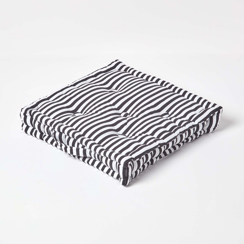 image 1 of Homescapes Cotton Black Thin Stripe Floor Cushion - 50 x 50 cm | Black | 50 x 50 cm