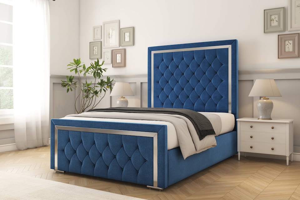 image 1 of Sloomy Sofia Chrome Navy Plush Bed Frame With Mattress With 50" Upholstered Headboard 5' King