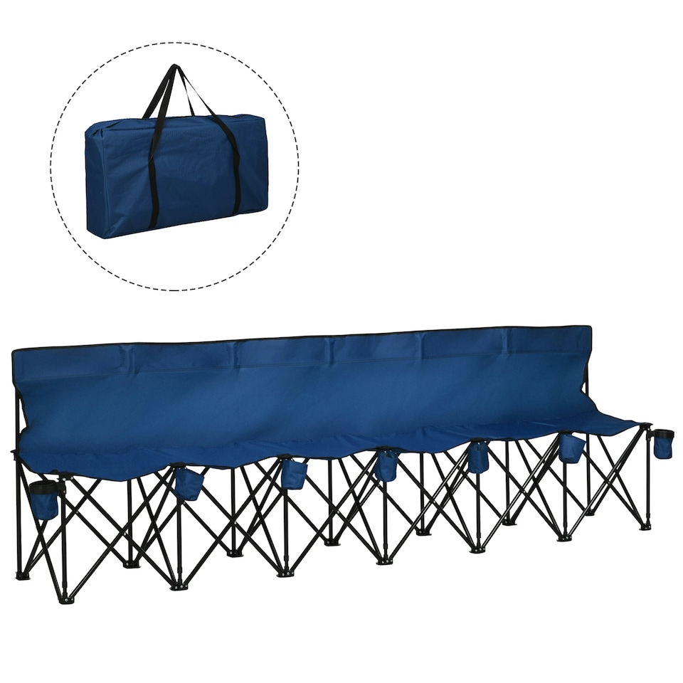 image 1 of Outsunny 6 Seater Folding Bench Camping Chair with Cup Holder, Blue