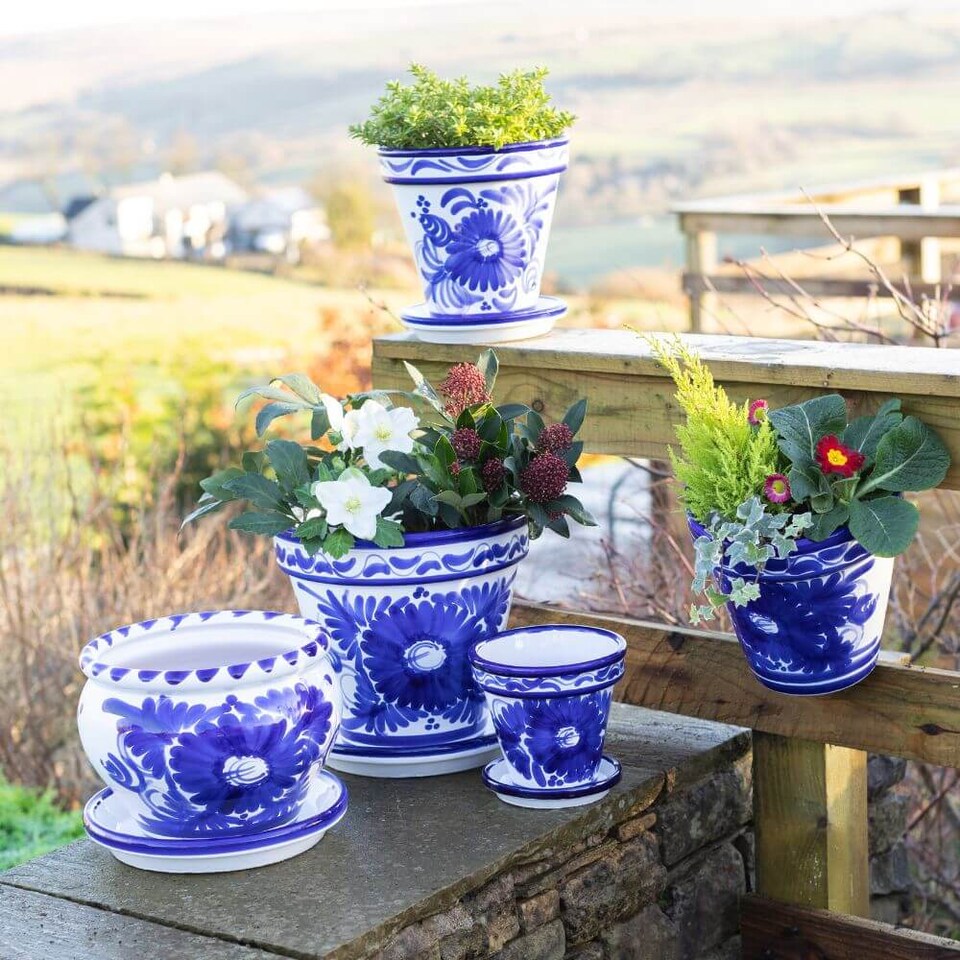 image 1 of Verano Spanish Ceramics Set of 3 Plant Pots & Drainage Plates - 16-29cm Blue Floral