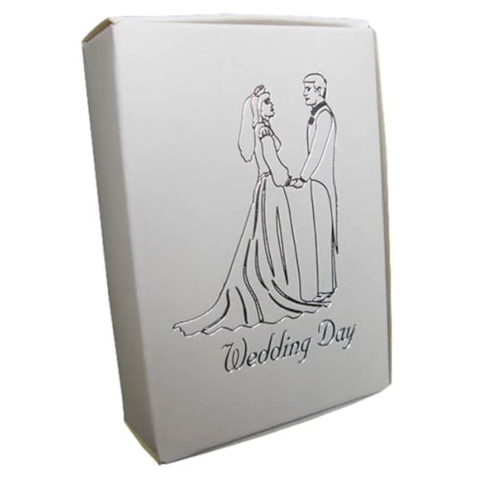 image 1 of White Cake Boxes with Bride and Groom Wedding Day Print in Silver - Pack of 10
