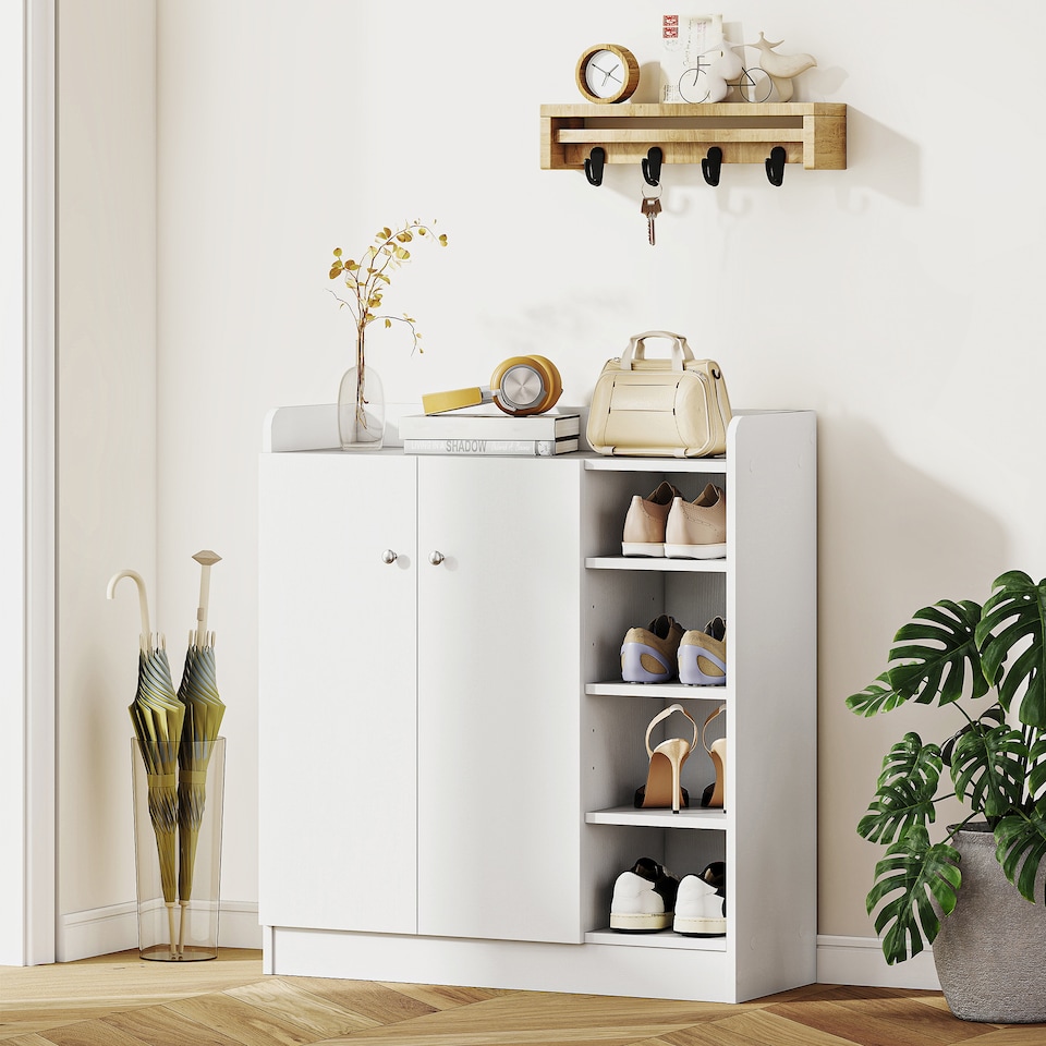 image 1 of HOMCOM Shoe Storage Cabinet Two Doors w  Adjustable 4 Shelves Cupboard Footwear Rack Stand Organiser Hallway White