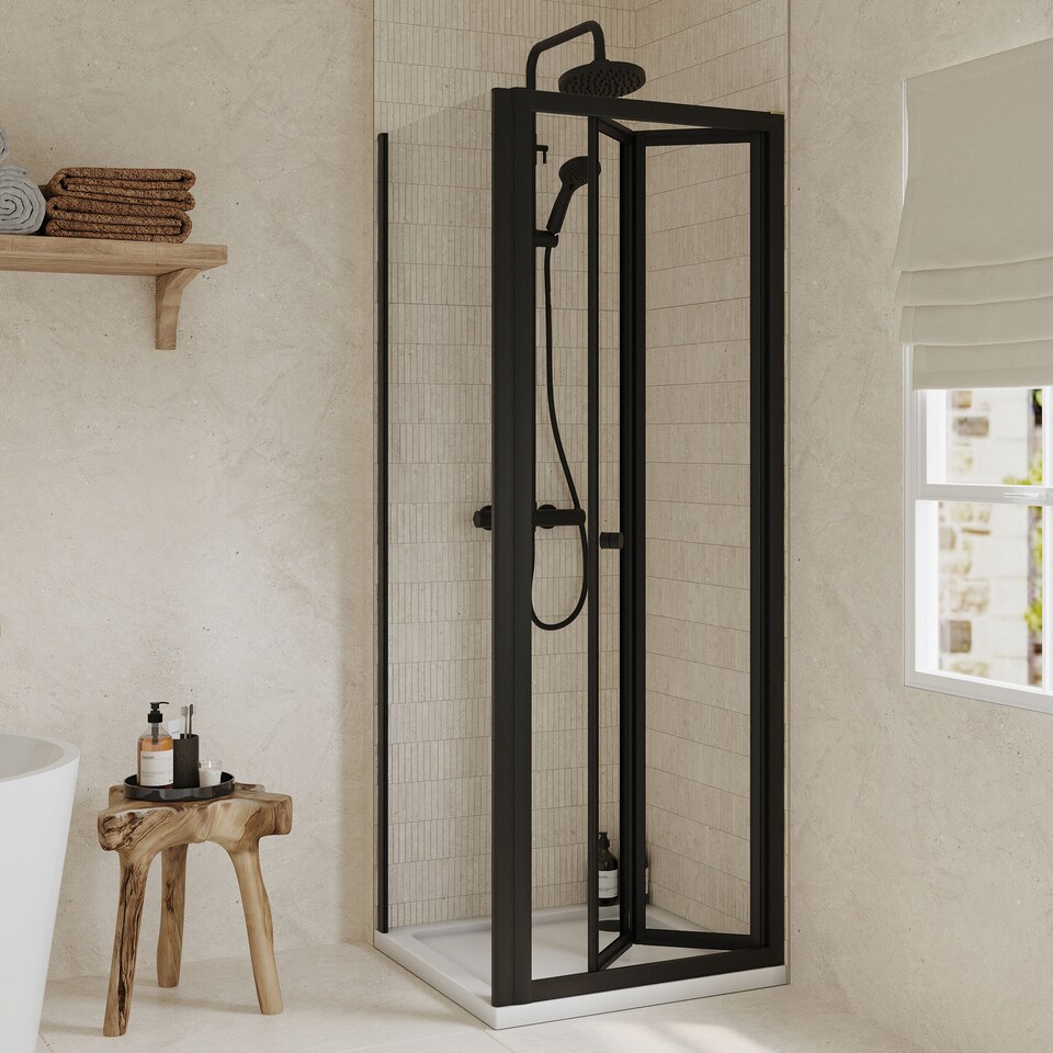 image 1 of Ruwa Square Bi-Fold & 4mm Glass 700x700mm Tray Door Side Panel Black | Black | Matt Black | 3