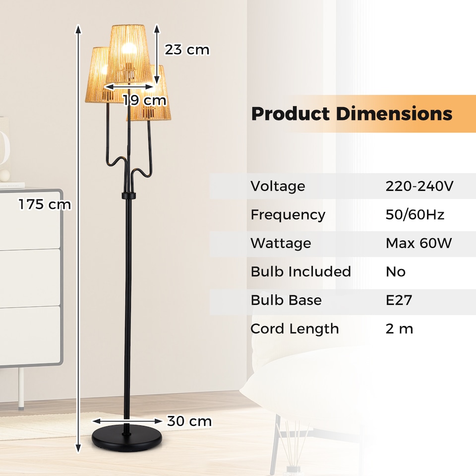image 1 of COSTWAY 3 Light Floor Lamp Farmhouse Standing Tree Lamp Black