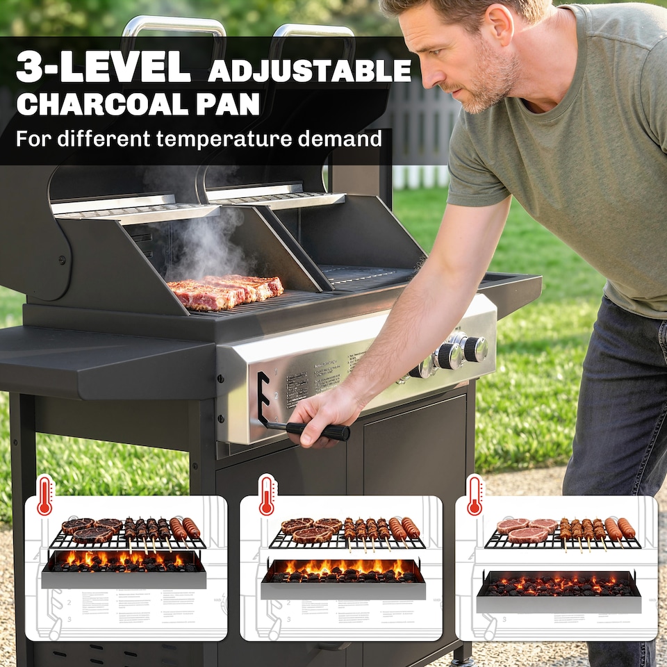 image 1 of Outsunny 3 Burner Hybrid Dual Fuel BBQ Gas Grill with Side Burner, Black | Black | Black | 148 x 60 x 110 cm