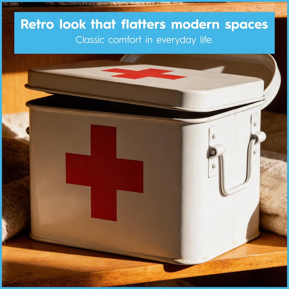 image 1 of Harbour Housewares Metal First Aid Box - 23cm - Medical Storage Tin with Airtight Lid, Handles & Removable Organiser Tray | White | White | 1