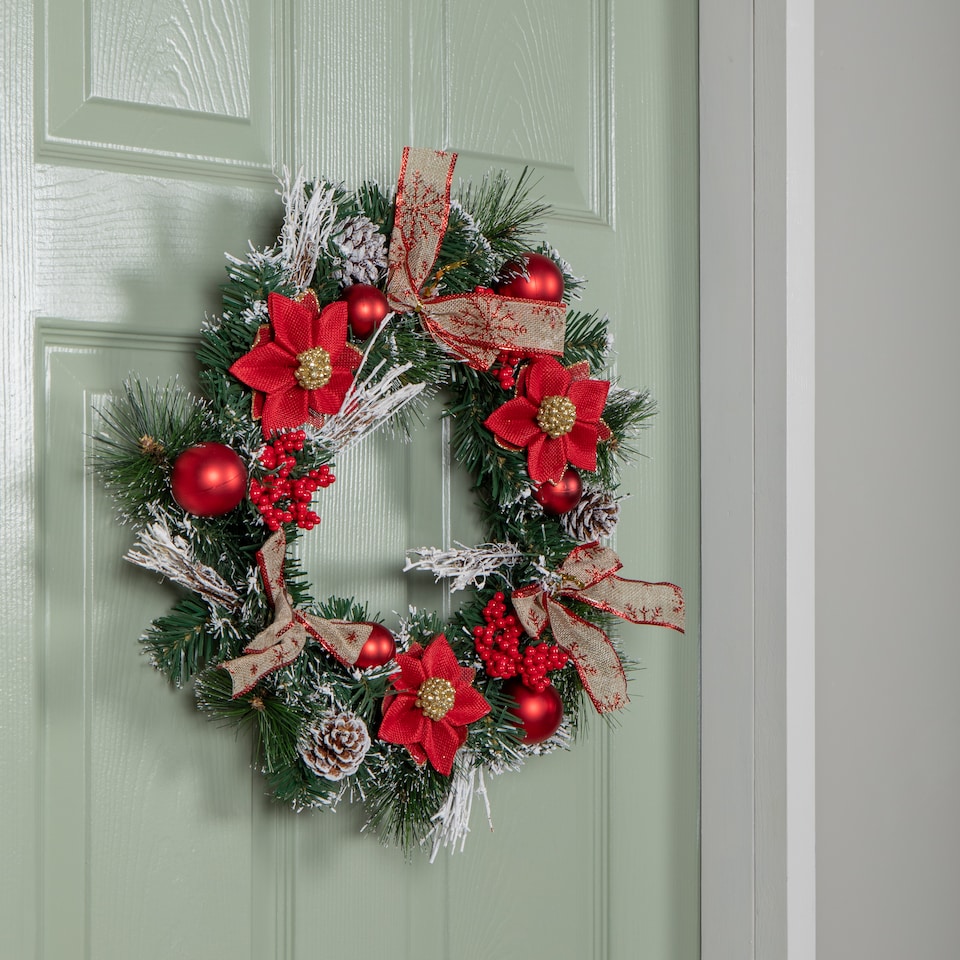 image 1 of Premier 40cm Christmas Red Dressed Festive Wreath With Baubles Bows And Pinecones