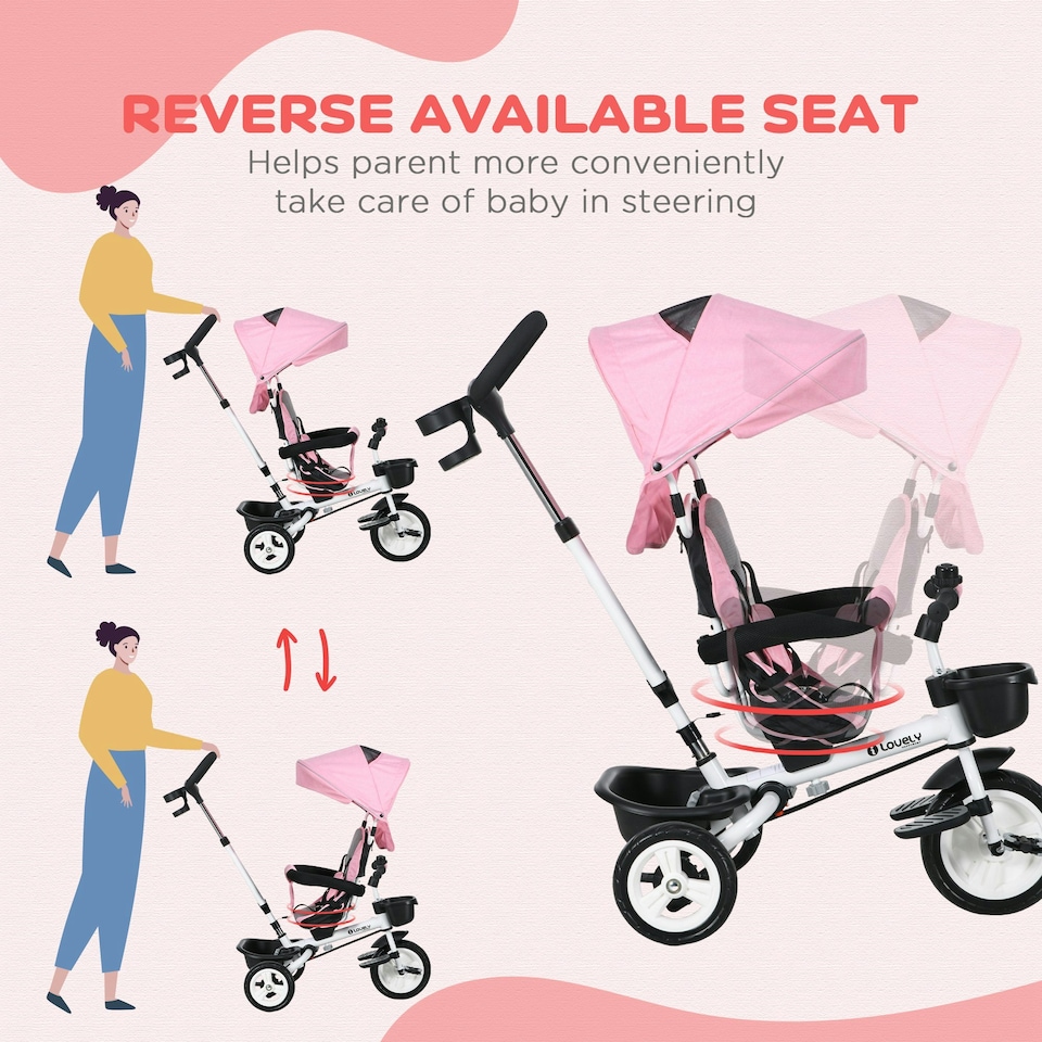 image 1 of HOMCOM 6 in 1 Trike for Toddler 1-5 Years with Parent Handle, Pink