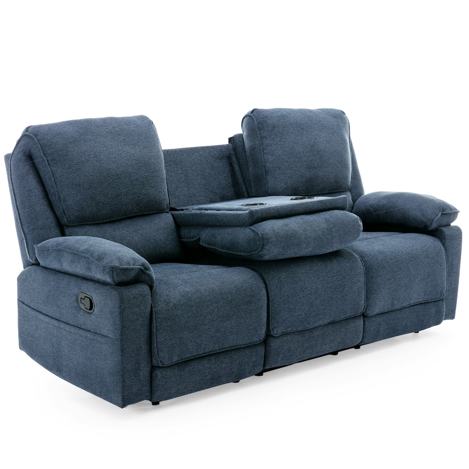 image 1 of Sydney 3 Seater Fabric Manual Recliner Sofa with Drinks Console (Blue)