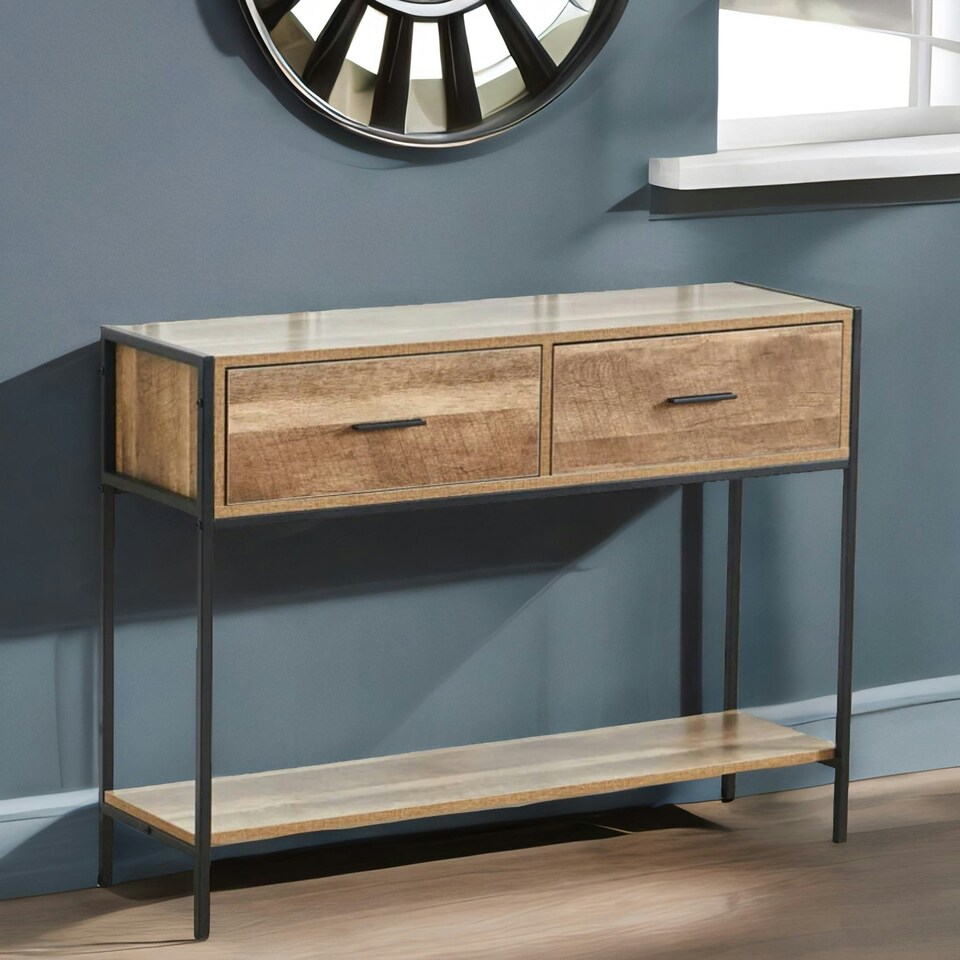image 1 of Industrial Console Table With 2 Drawers & Storage Shelf Brown