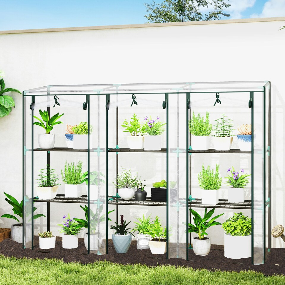 image 1 of Outsunny 3 Tier Lean-to Mini Greenhouse with Plastic Cover, Clear