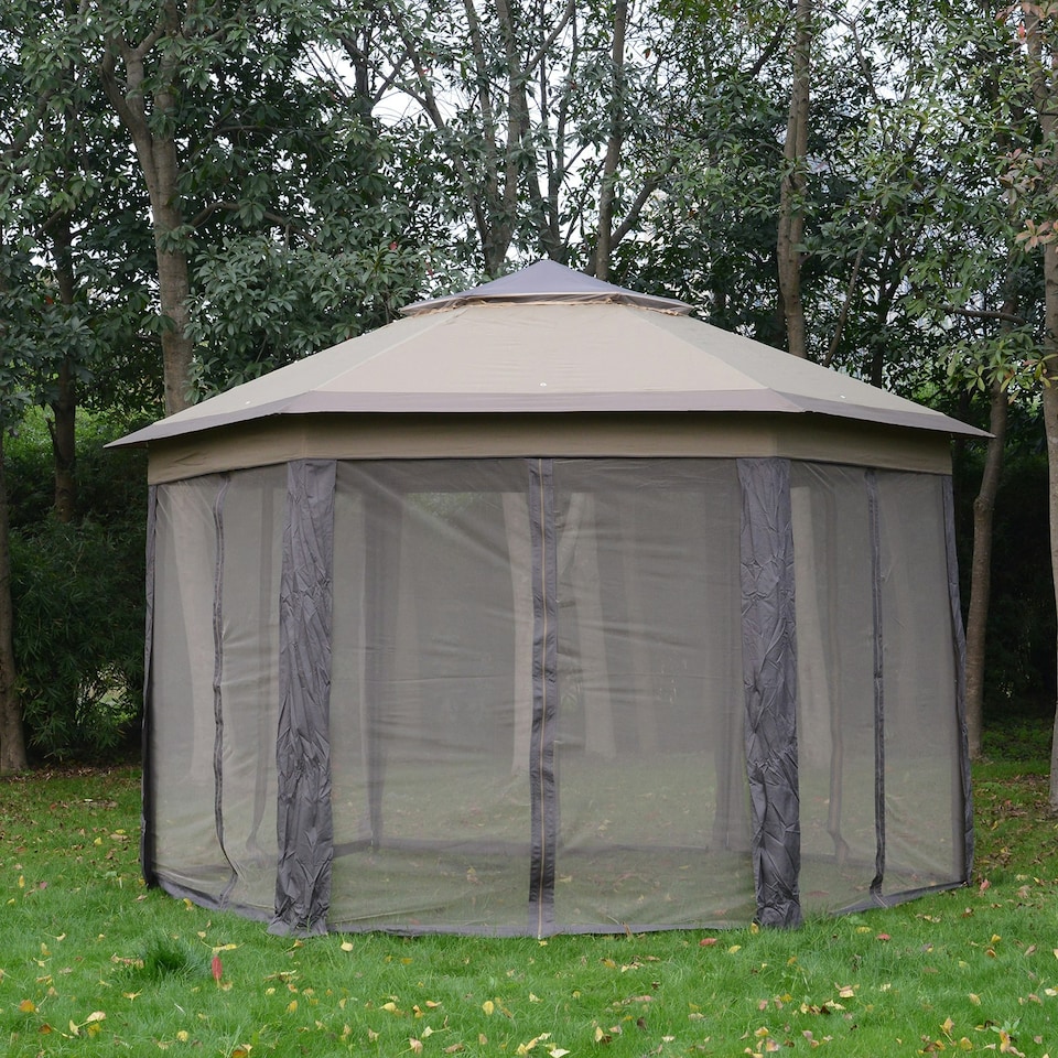 image 1 of Outsunny 3x4m Hexagon Gazebo w/ Mesh Curtains Outdoor Garden, Khaki