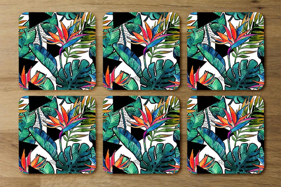 image 1 of tropical leaves and flowers with contour (Placemat & Coaster Set)