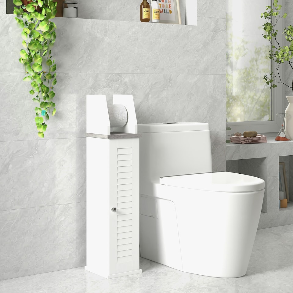 image 1 of kleankin Slim Toilet Roll Storage Unit with Cupboard and Adjustable Shelf, White