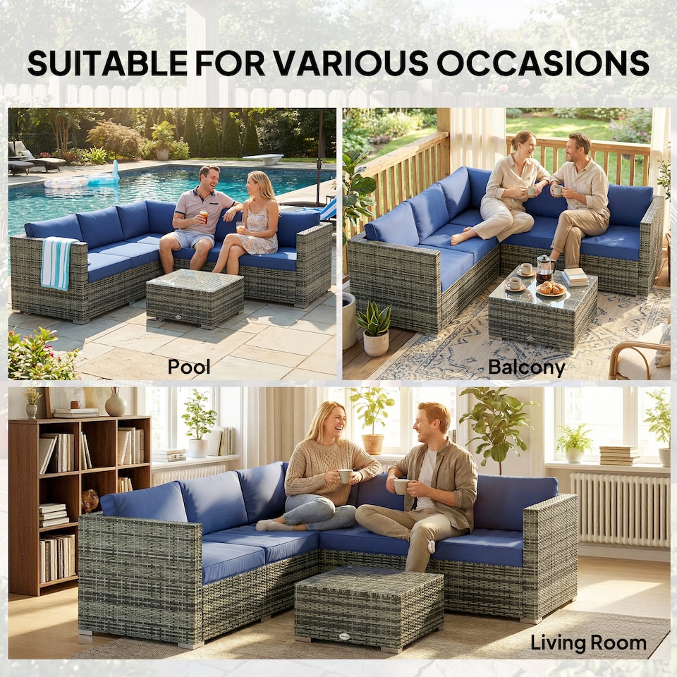 image 1 of Outsunny 4 Pieces Rattan Garden Furniture Sofa Set with Coffee Table | Blue | Blue | 124 x 66 x 62 cm (Loveseat); 66 x 66 x 62 cm (Corner); 58 x 58 x 36 cm (Table)