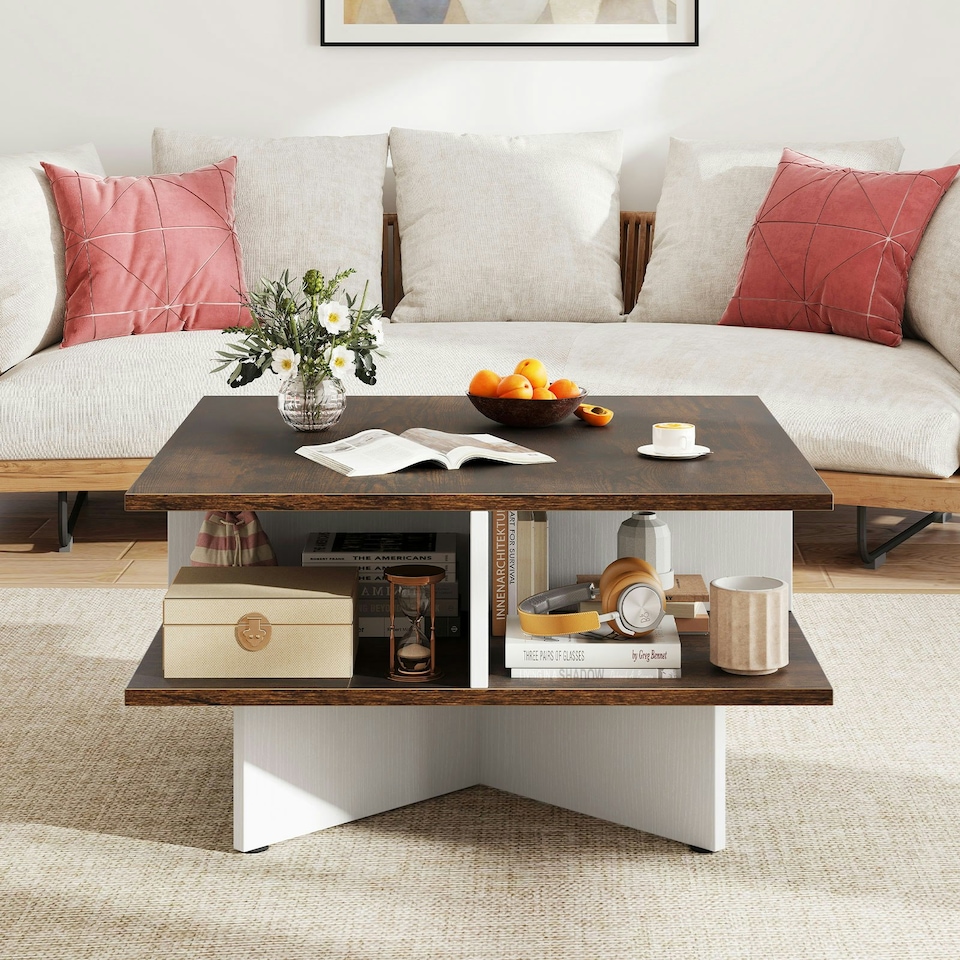 image 1 of COSTWAY 2-Tier Square Coffee Table 60cm Center Table Brown