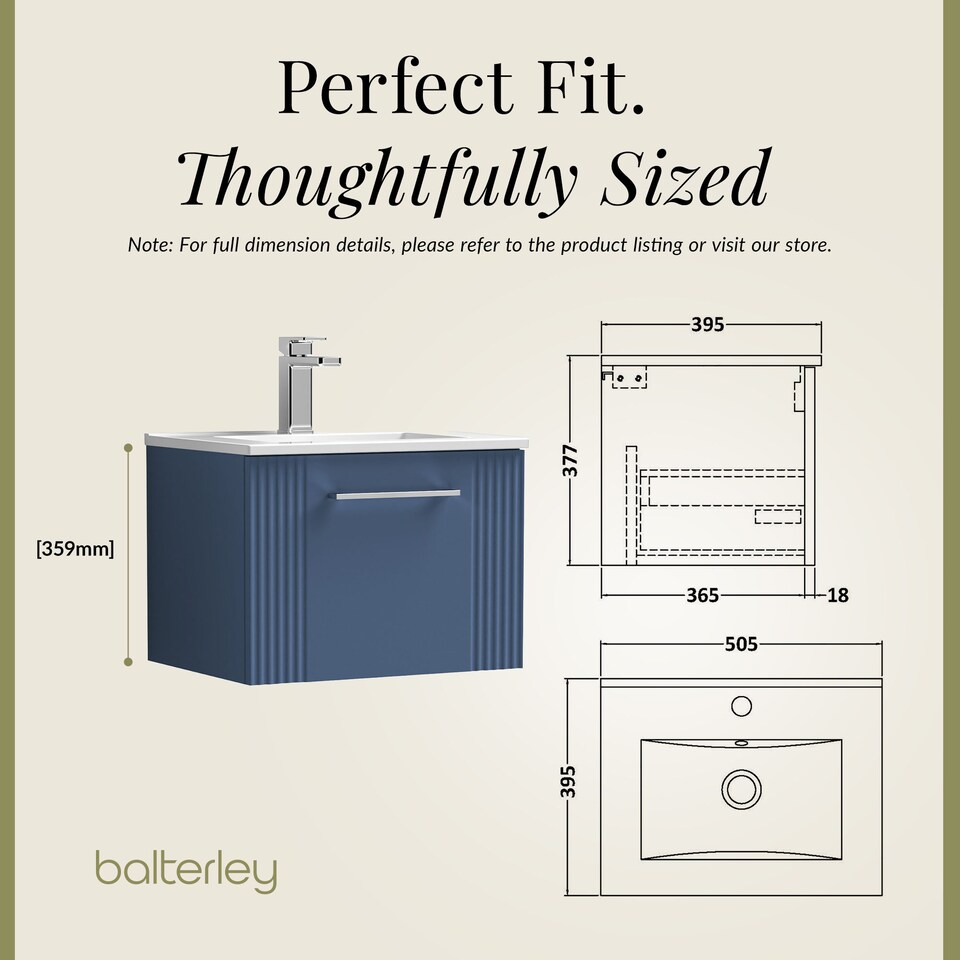 image 1 of Balterley Partial Fluted 1 Drawer Wall Hung Vanity Unit with 1 Tap Hole Minimalist Basin | Blue | Satin Blue