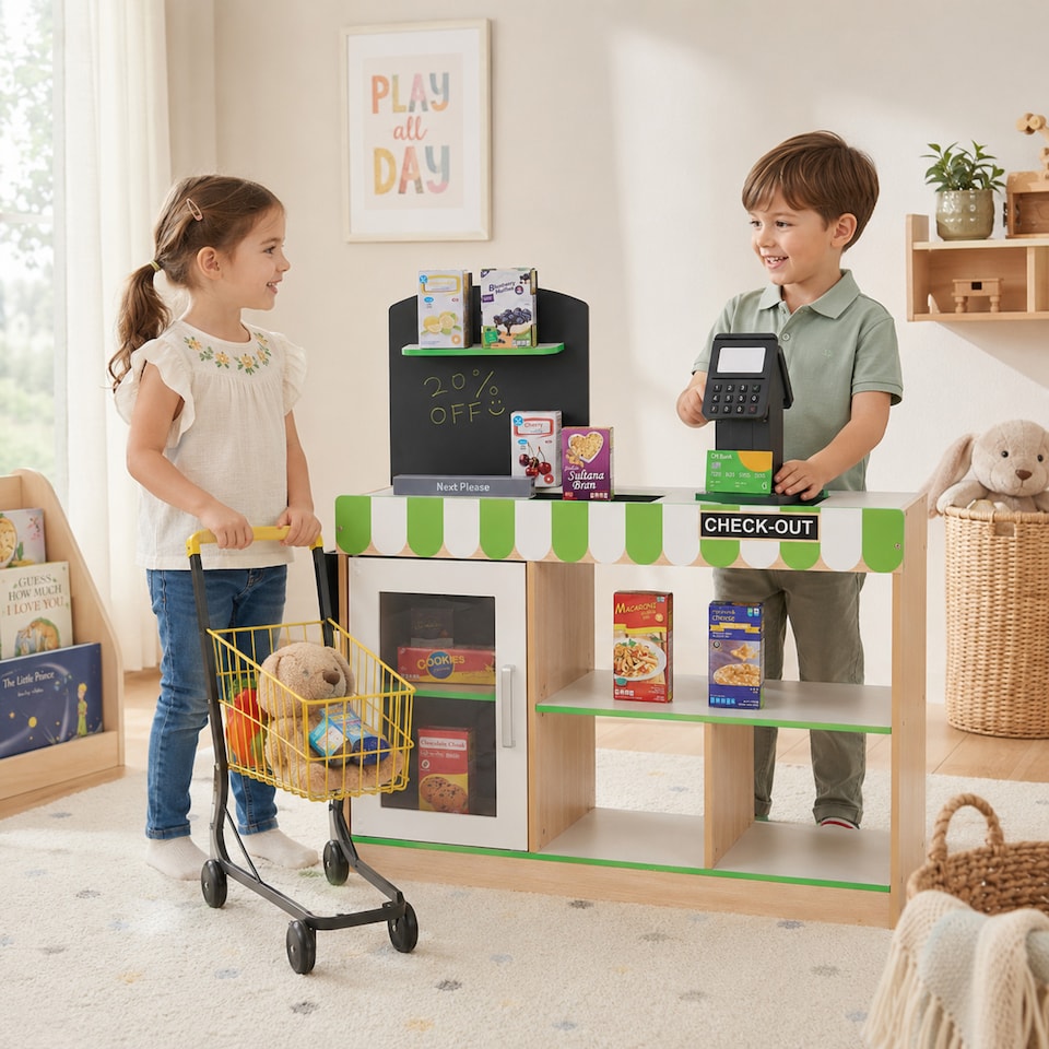 image 1 of Teamson Kids Cashier Interactive Play Checkout Counter Stand with 26 Accessories, Green/White