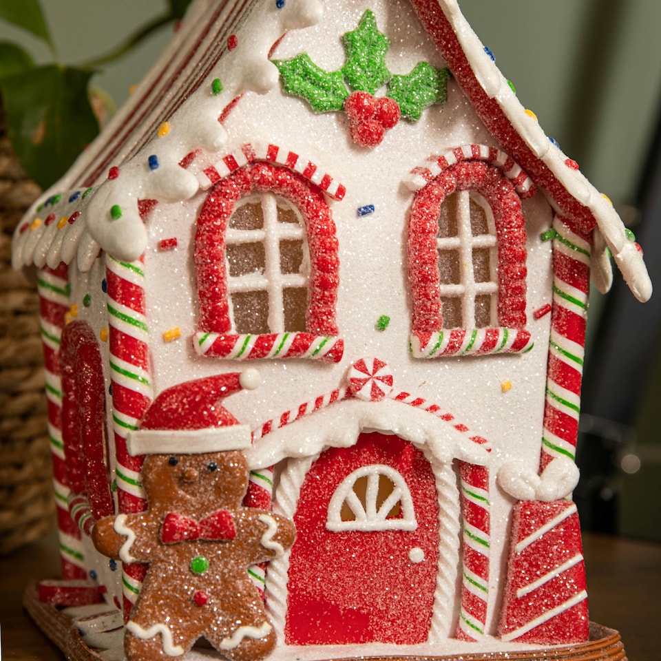 image 1 of 20cm Battery Operated Light up Gingerbread Candy Cabin with Warm White LEDs