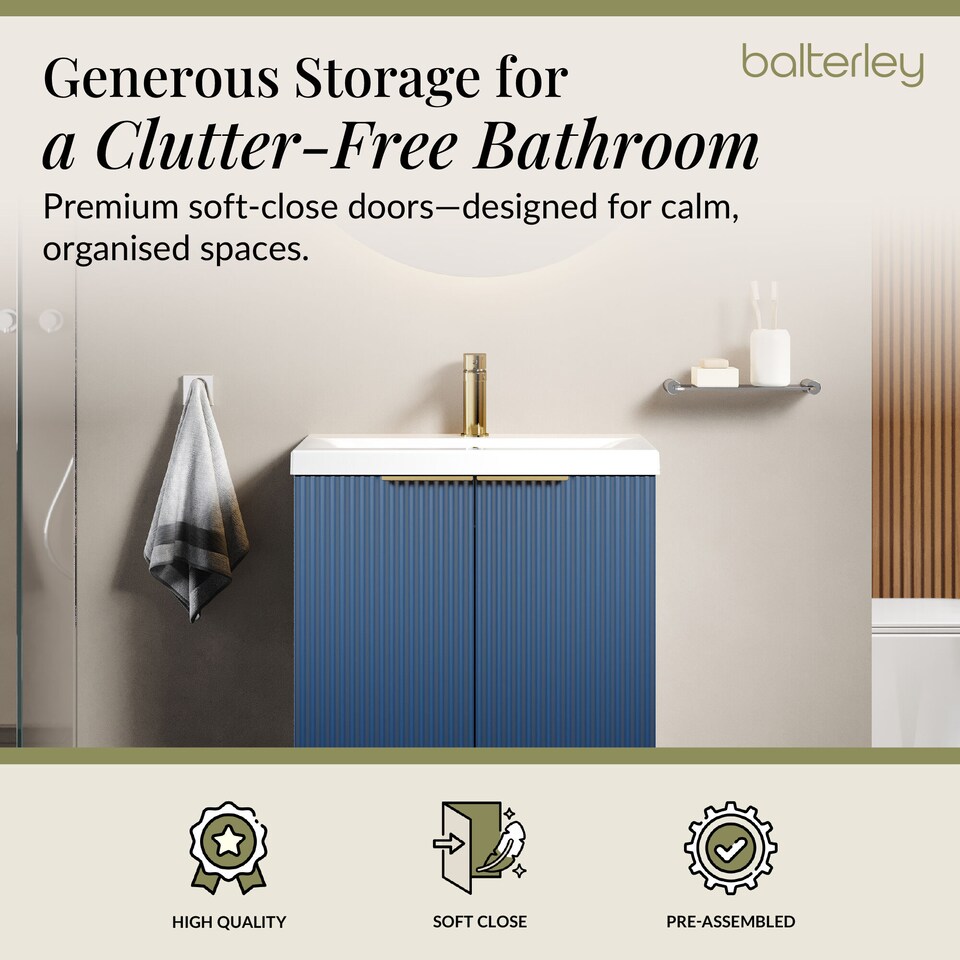 image 1 of Balterley Fluted Front Floor Standing 2 Soft Close Door Bathroom Vanity Unit with 1 Tap Hole Basin, Handles | Blue | Satin Blue