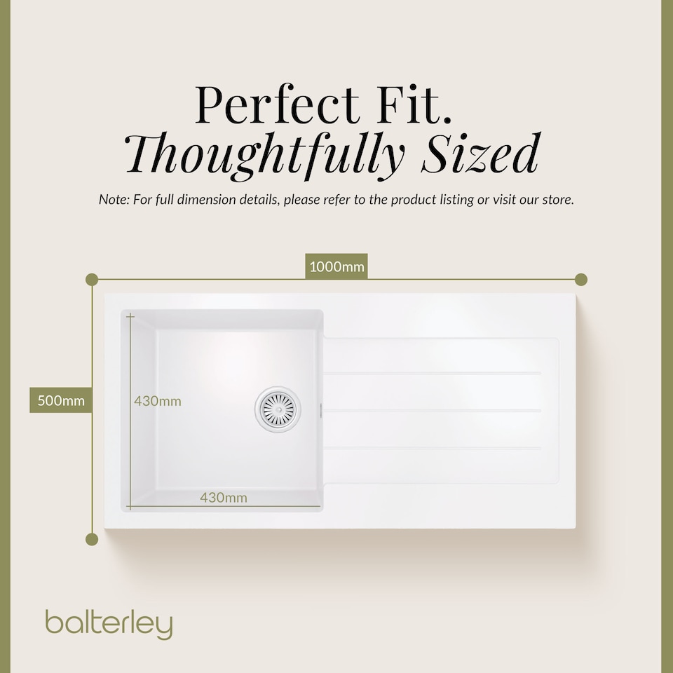 image 1 of Balterley 100cm Kitchen Single Bowl Composite Inset Sink with Overflow & Reversible Drainer