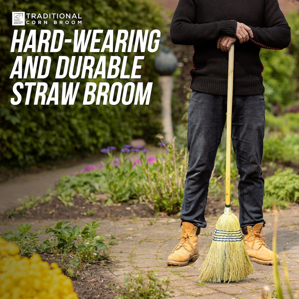 image 1 of Traditional Corn Broom with Natural Straw Bristles Yard Sweeper
