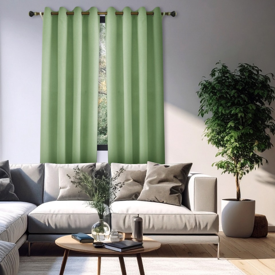 image 1 of Olive Green Linen Blackout Eyelet Curtains - 46x54 Inch Drop - 2 Panel | Green | One Size