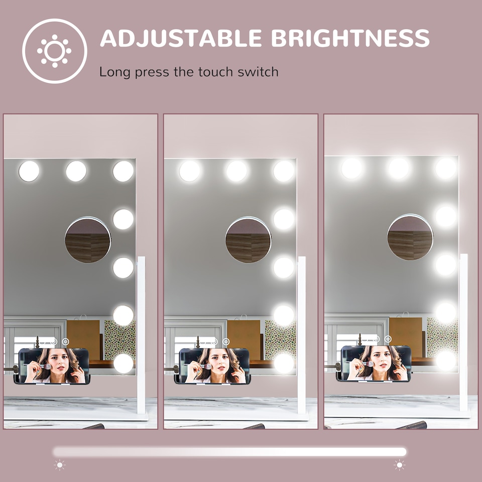 image 1 of HOMCOM Hollywood Vanity Mirror with Lights, 3746 cm Lighted Makeup Mirror with 3 Colour, 12 LED Bulbs, 10 Magnifying, USB Charging Port, Phone Holder