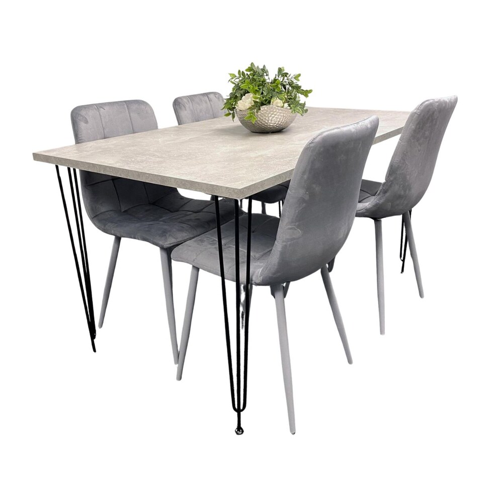 image 1 of Grey Dining Table with Hairpin Legs & 4 Grey Velvet Chairs Set for Kitchen & Dining Room