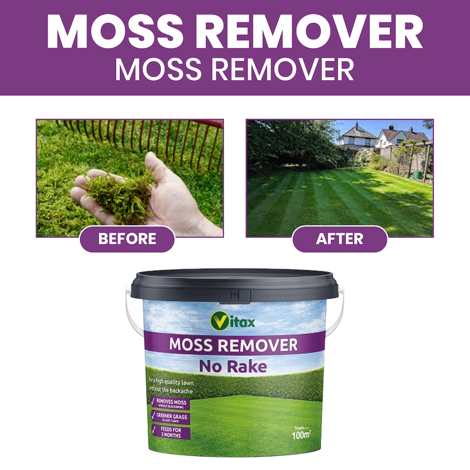 image 1 of Vitax Moss Remover 100 square meter Tub Lawn Fertiliser for Moss Removal & Feeding Greener Lawn No Rake 12 Week Feed UK Lawn Coe