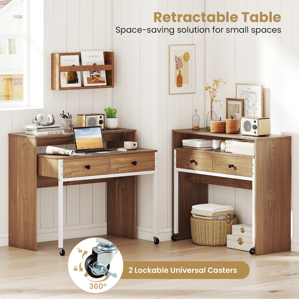 image 1 of COSTWAY Extendable Computer Desk with 2 Drawers Yellow