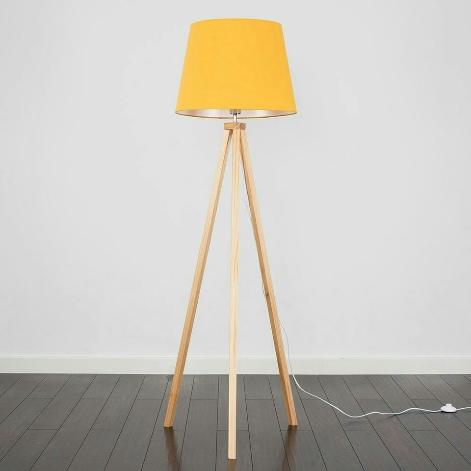 image 1 of ValueLights Modern Light Wood Tripod Design Floor Lamp With Mustard Shade Yellow