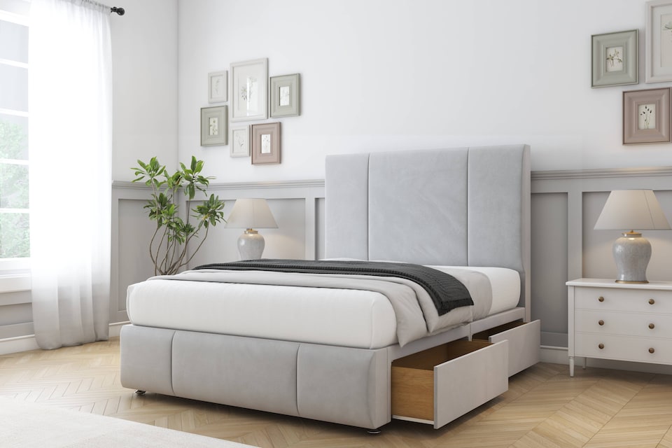image 1 of Sloomy Lisbon Silver Plush Divan Bed Base 2 Drawers Left Side With 26 Inch Strutted Headboard & 12 Inch Matching Footboard | Silver | Silver | Small Double | 1