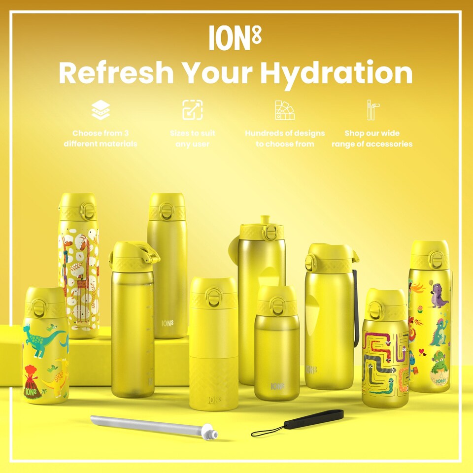 image 1 of Leak Proof Kids Water Bottle, Stainless Steel, 400ml (13oz) | Yellow | Dinosaur | One Size