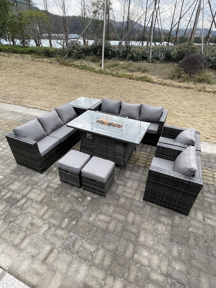 image 1 of Fimous 10 Seater Outdoor Lounge Rattan Sofa Set Garden Furniture Gas Firepit Set Dining Table With Chair Coffee Table Stools Dark Grey Mixed