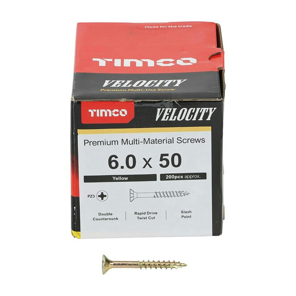 image 1 of Timco - Velocity Premium Multi-Use Screws - PZ - Double Countersunk - Yellow (Size 6.0 x 50 - 200 Pieces)