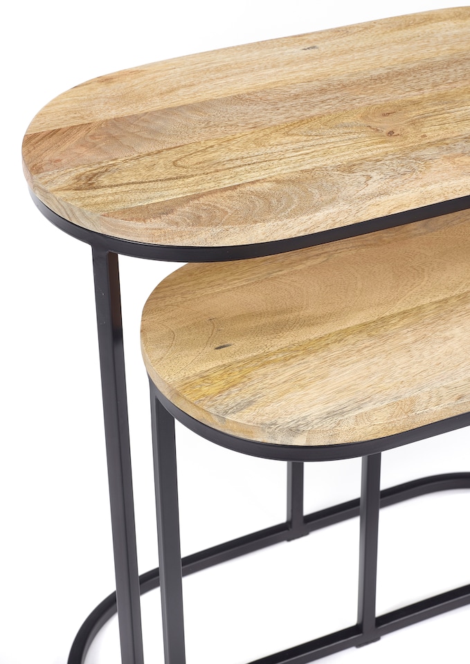 image 1 of Wooden Light Oak Finish Black Metal Oval Nest Of Two 2 Tables End Side Lamp H61 x W62 x D32cm