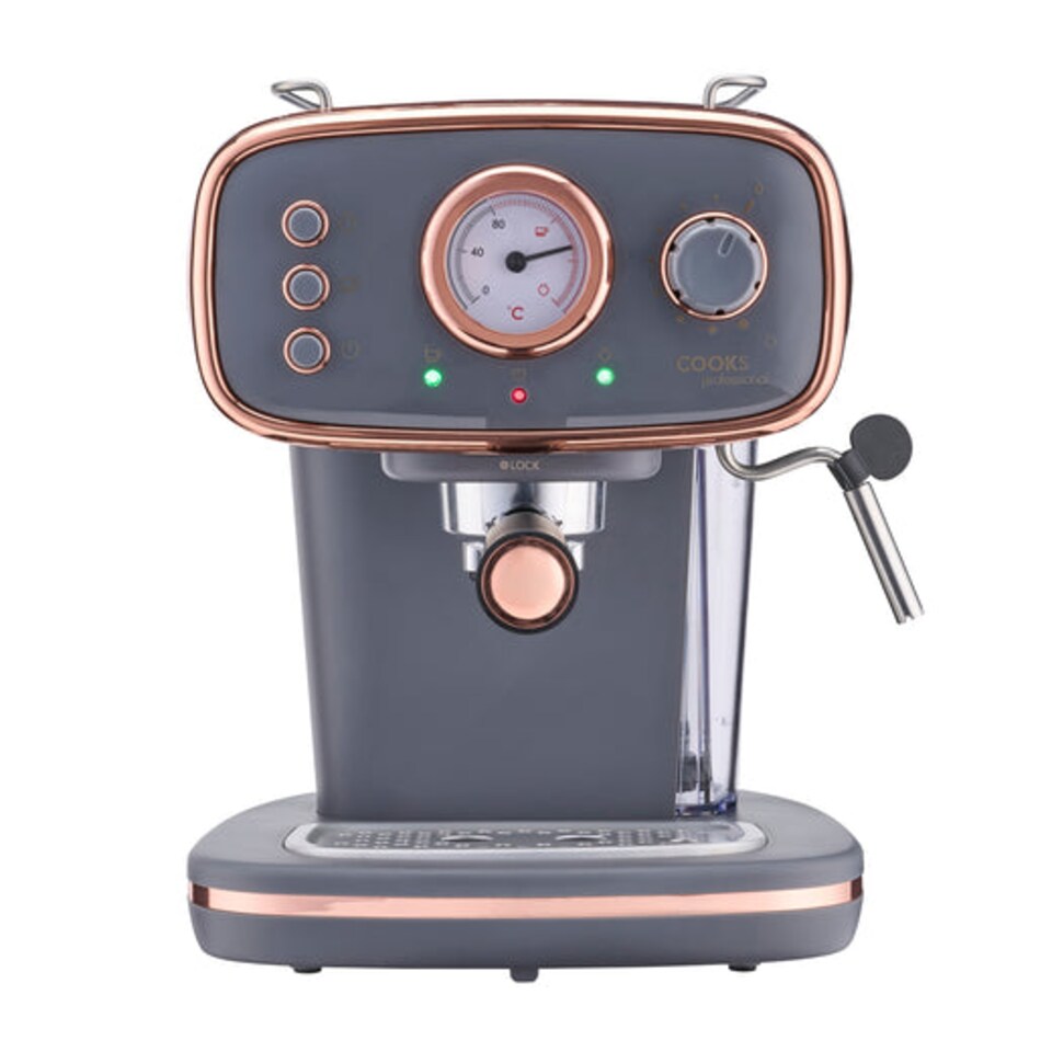 image 1 of Cooks Professional 15-Bar Retro Espresso Coffee Machine 1.2L with Frothing Steam Wand | Grey | Grey & Copper