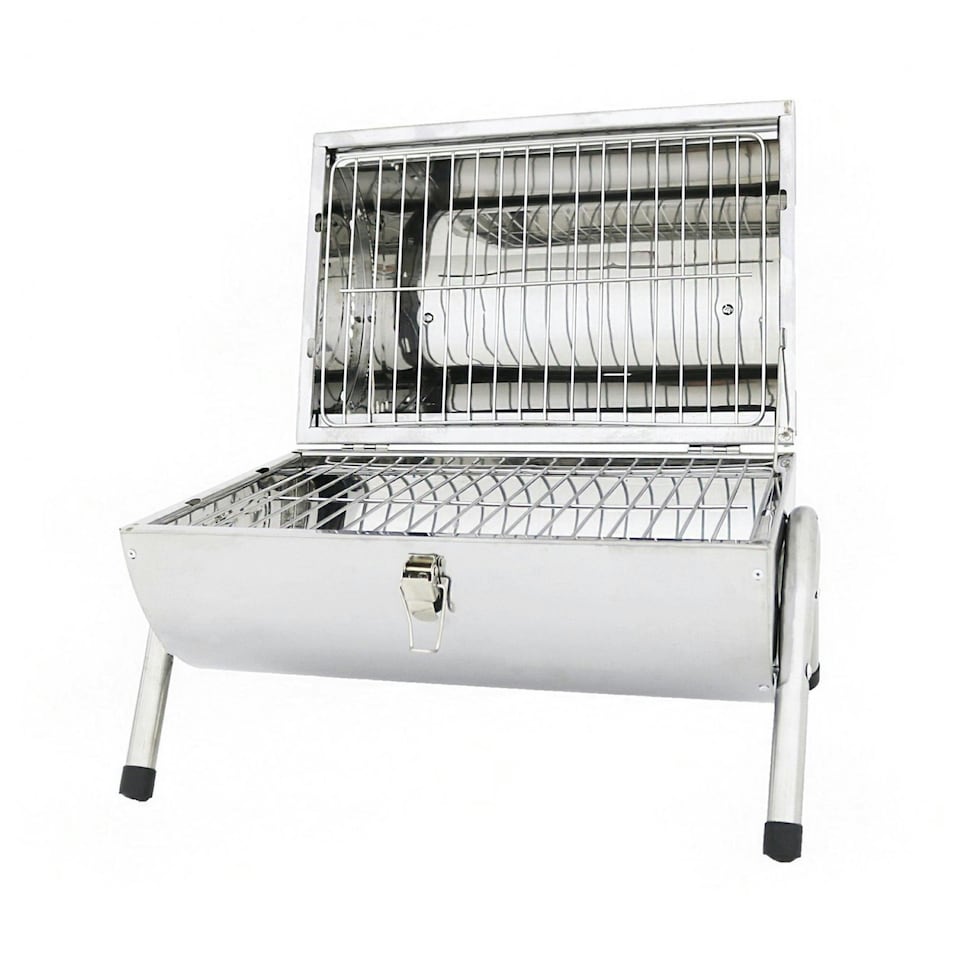image 1 of Oypla Portable Camping Stainless Steel Barrel BBQ Charcoal Barbecue Table Top